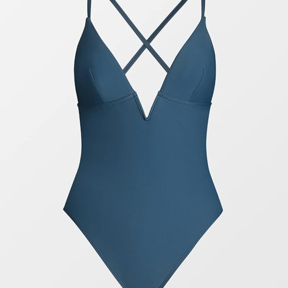 NWT L Women Swimsuit One Piece Bathing Suit Deep V Neck Crisscross Back
